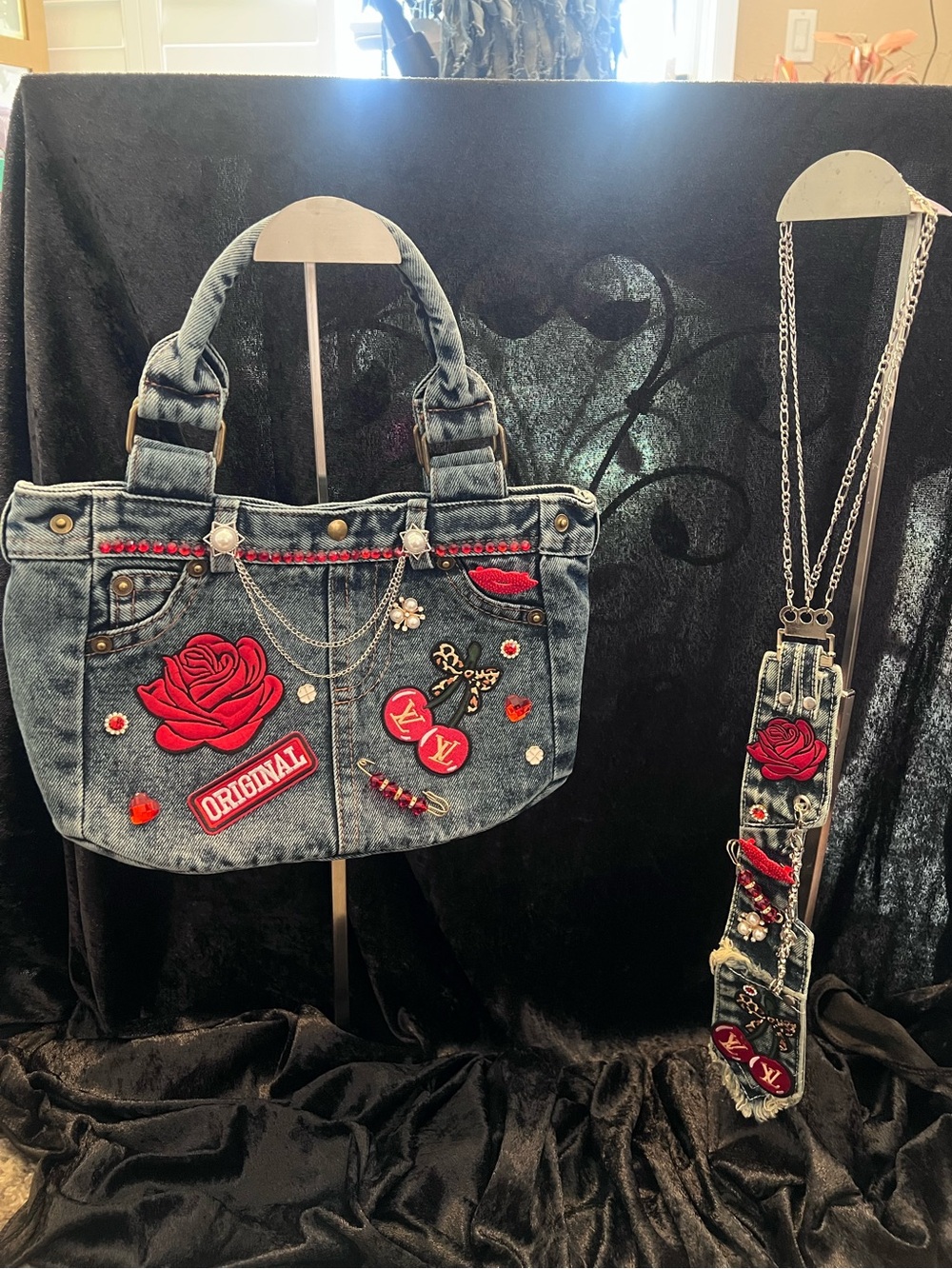 Custom Denim purse with Rose Embellished Tote with Matching tie